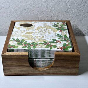 Holiday Cocktail Napkins with Teak Napkin Holder Holiday Gift Set-BNIB